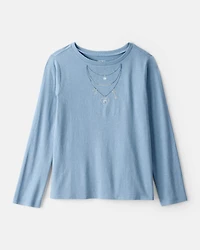 Girls Charm Necklace Long-Sleeve Graphic Tee - Blue