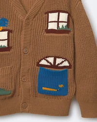 Toddler Cardigan with Avenue Pockets House Print - Brown