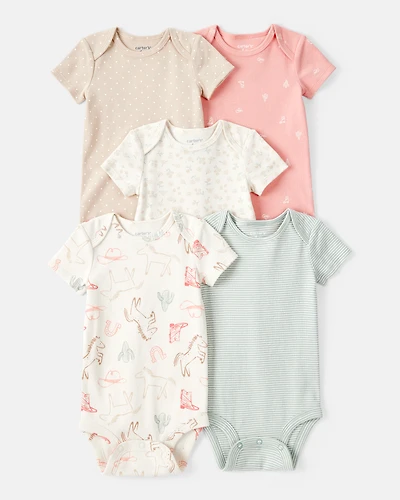 Baby Girl 5-Pack Cowgirl Print Cotton Multipack Bodysuits - White/Blue/Pink