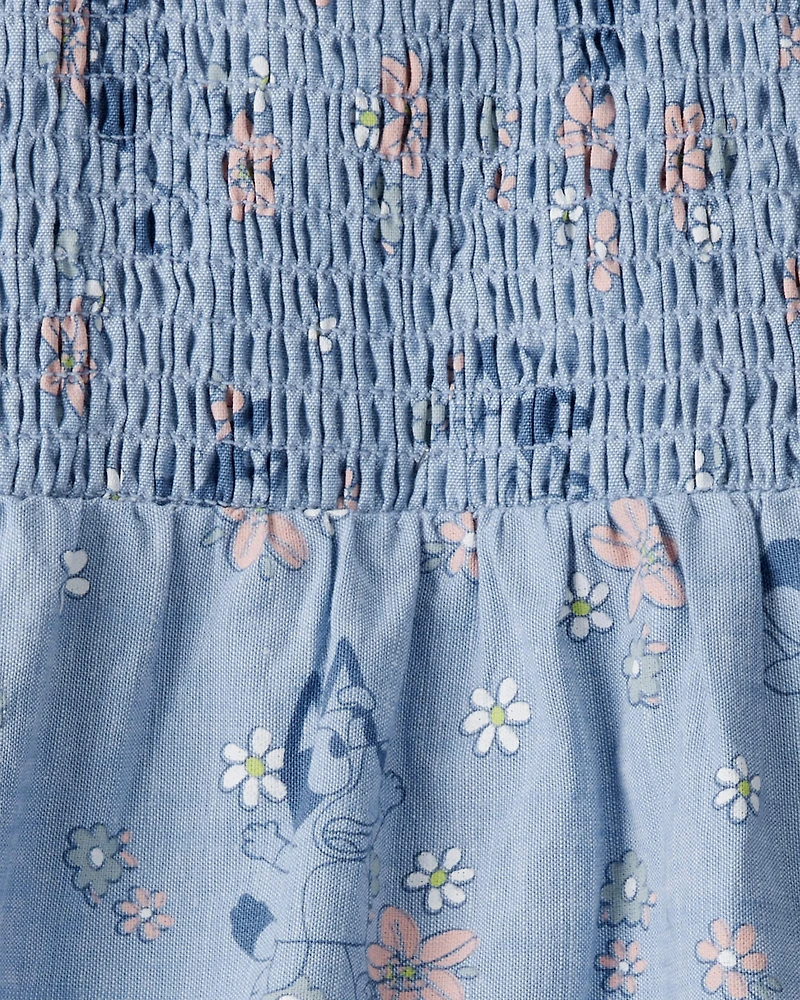 Baby Girl Bluey Floral Print Denim Dress - Blue
