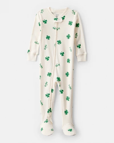 Baby St. Patrick's Day 100% Cotton Loose Fit 2-Way Zip Footie 1-Piece Pyjamas - Ivory