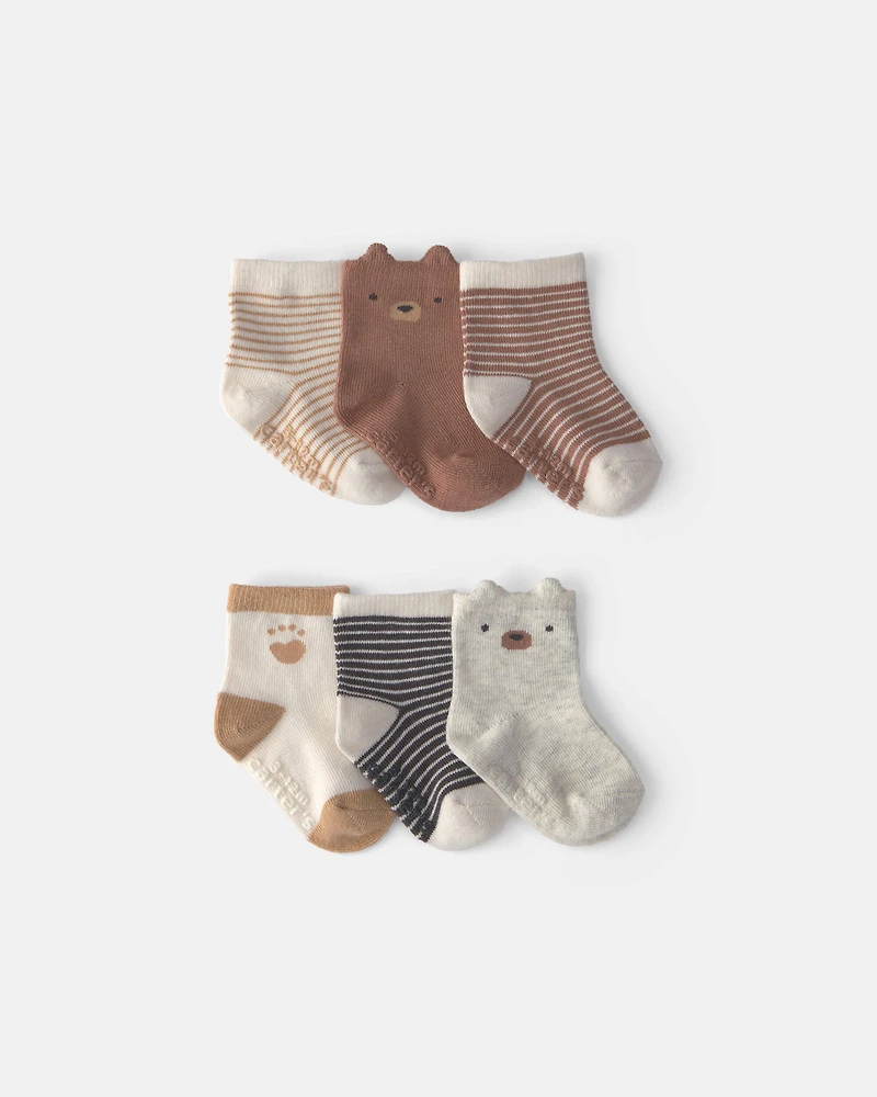 Baby Boy 6-Pack Bear Striped No Show Socks - Brown/Cream