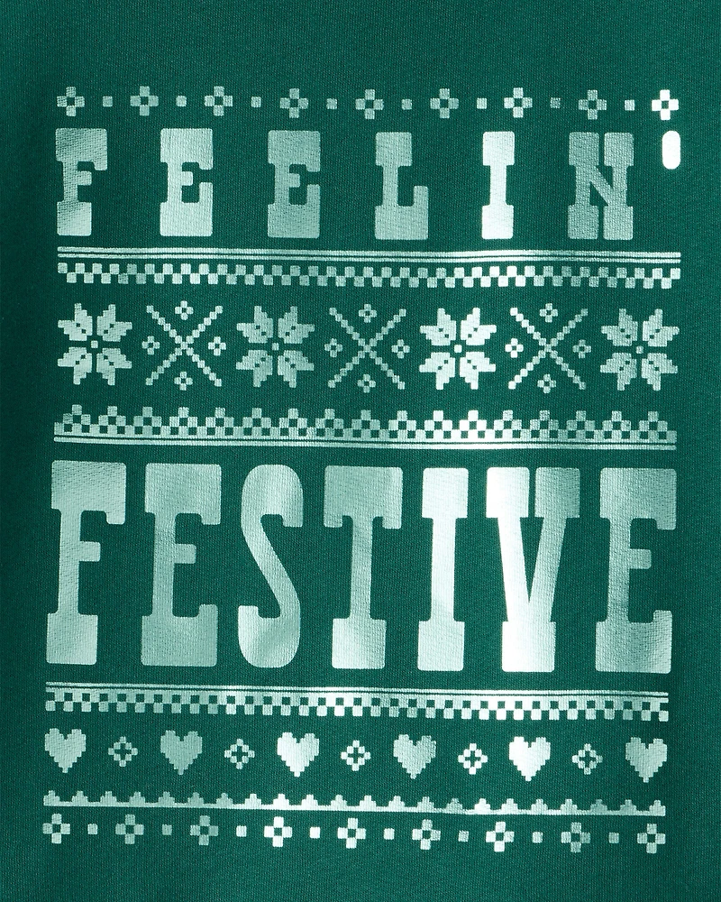 Girls Christmas Festive Long-Sleeve Pullover Sweatshirt - Green