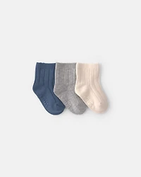 Baby 3-Pack Booties - Blue/Ivory/Grey