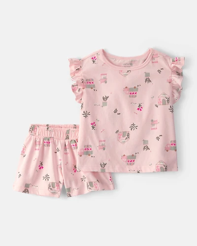 Toddler Girl 2-Piece Flower Truck Top & Short Set - Pink