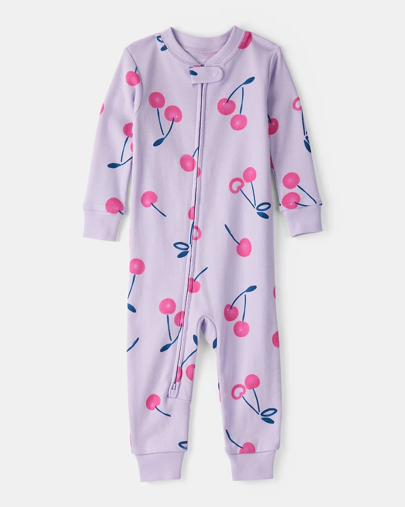 Baby Girl Cherry 100% Cotton Snug Fit 2-Way Zip 1-Piece Pyjamass - Purple
