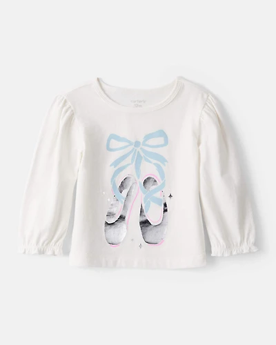 Baby Girl Metallic Ballet Shoe Long-Sleeve Graphic Tee - White
