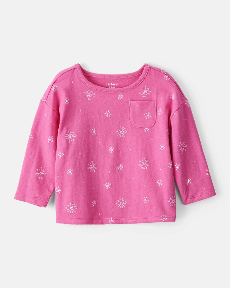 Baby Girl Snowflake Print Long-Sleeve Pocket Tee - Pink