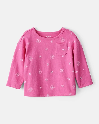 Baby Girl Snowflake Print Long-Sleeve Pocket Tee - Pink