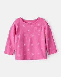 Baby Girl Snowflake Print Long-Sleeve Pocket Tee - Pink