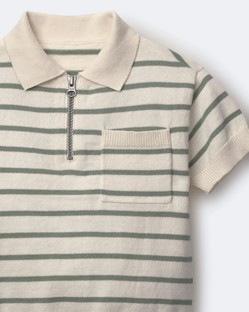 Toddler Boy Zip-Up Polo Stripes - Cream