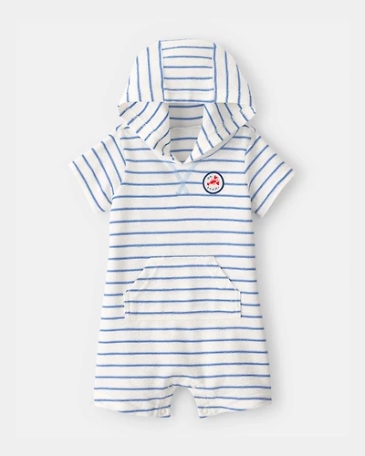 Baby Boy 'Oh Snap!' Lobster Stripe Short-Sleeve Hooded Romper - Blue/White