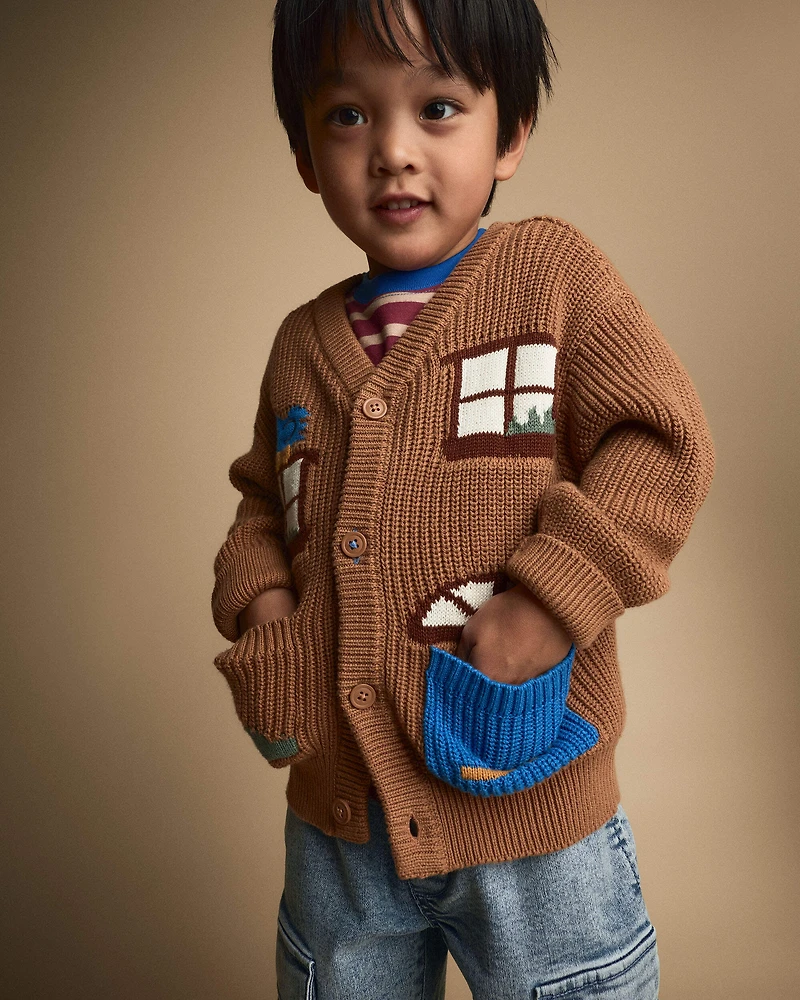 Toddler Cardigan with Avenue Pockets House Print - Brown