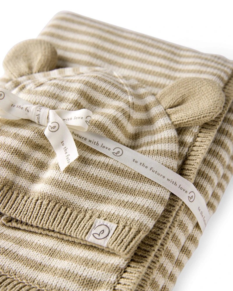 Baby Organic Cotton  Sweater Knit Blanket and Cap Gift Set