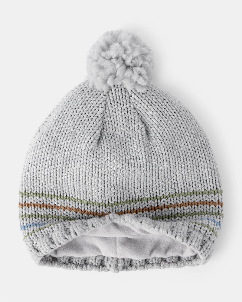 Toddler Boy Striped Pom Winter Hat - grey