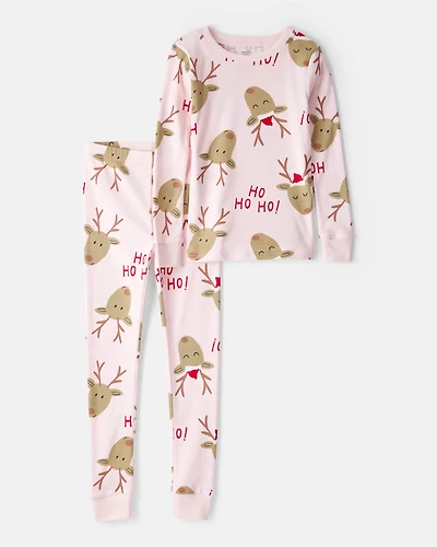 Kid Reindeer Snug Fit 2-Piece Pajamas - Pink
