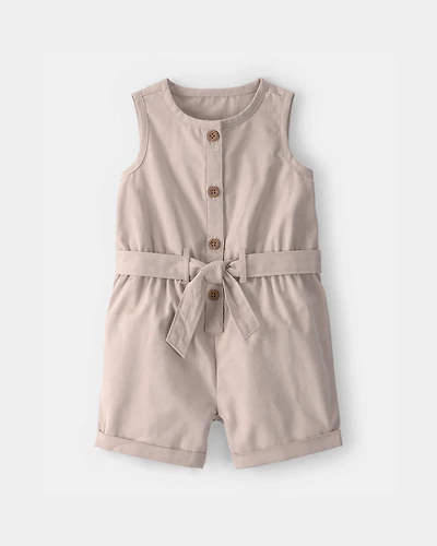 Baby Girl Solid Canvas Sleeveless Romper - Brown