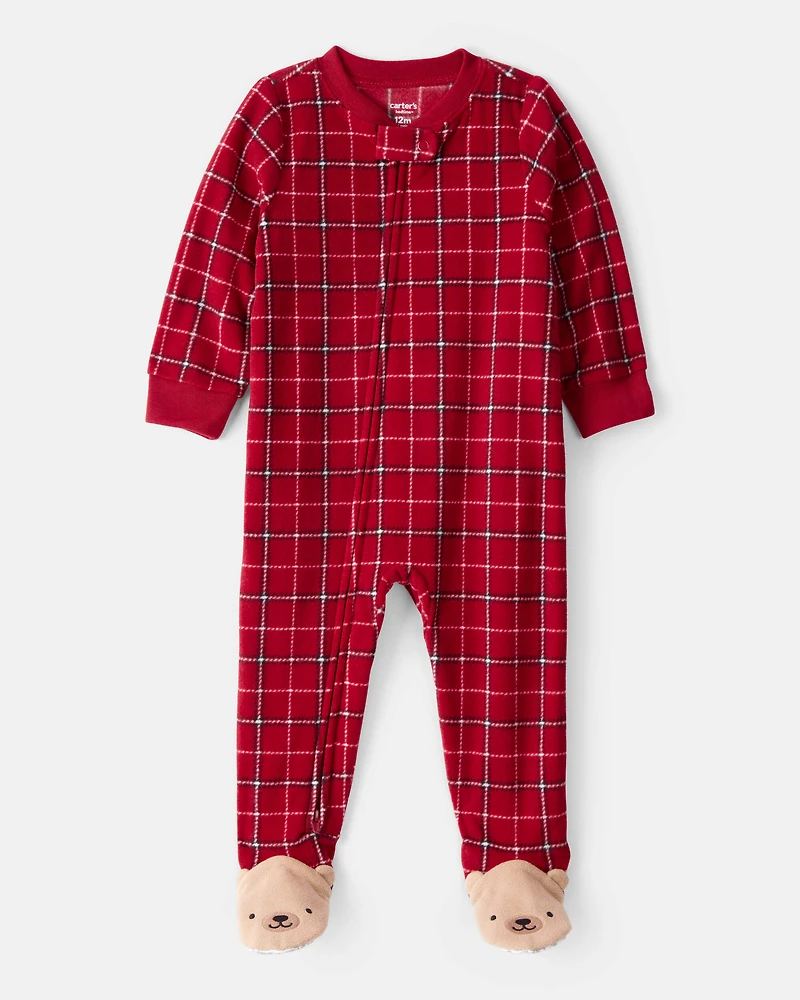 Baby Boy Plaid Print Fleece Loose Fit 1-Piece Pyjamas - Red