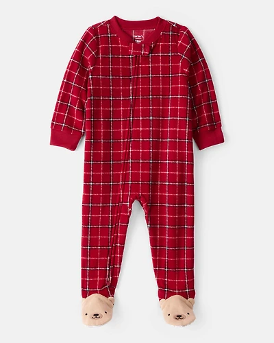 Baby Boy Plaid Print Fleece Loose Fit 1-Piece Pyjamas - Red