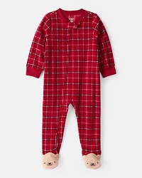 Baby Boy Plaid Print Fleece Loose Fit 1-Piece Pyjamas - Red