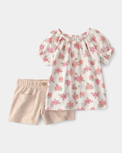 Toddler Girl 2-Piece Floral Top & Short Set - Cream/Tan