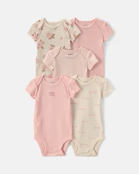 Baby Girl 5-Pack Floral Short-Sleeve Bodysuits - Pink/Ivory