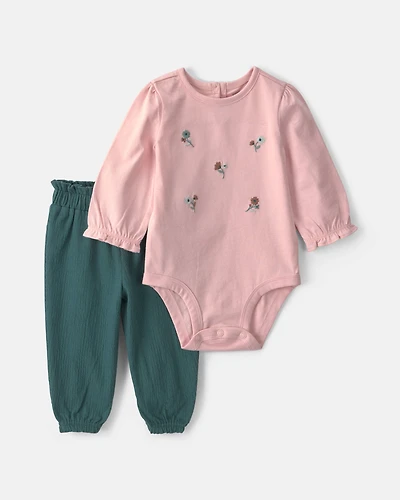 Baby Girl 2-Piece Floral Long-Sleeve Bodysuit & Pant Set - Pink