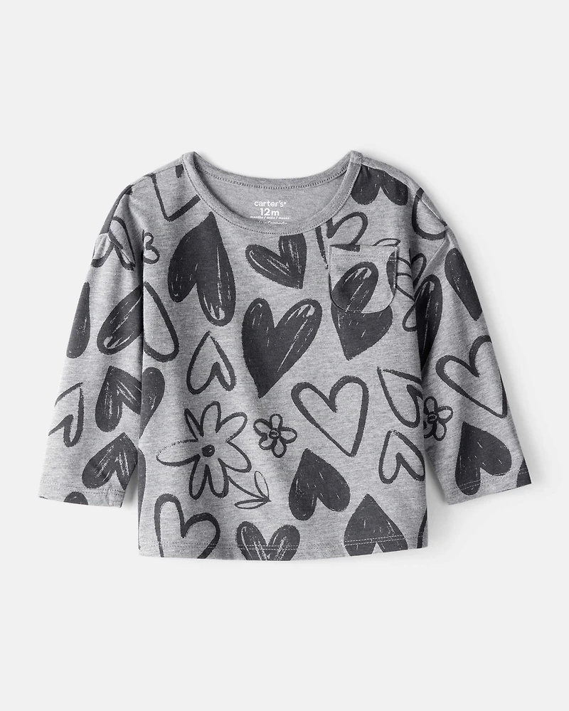 Baby Girl Heart Print Long-Sleeve Top - Grey