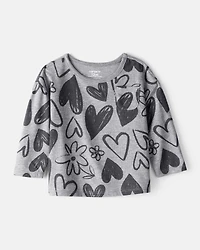 Baby Girl Heart Print Long-Sleeve Top - Grey