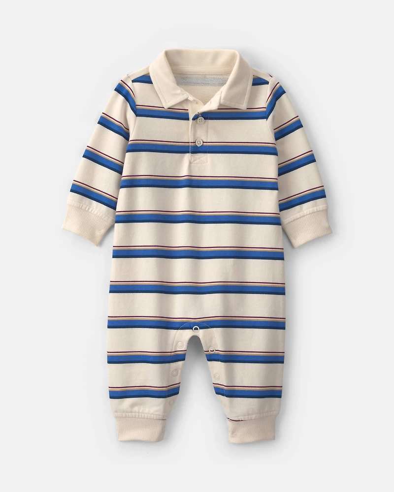 Baby Boy Striped French Terry Long-Sleeve Jumpsuit - Blue/Cream
