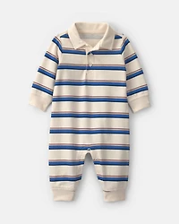 Baby Boy Striped French Terry Long-Sleeve Jumpsuit - Blue/Cream