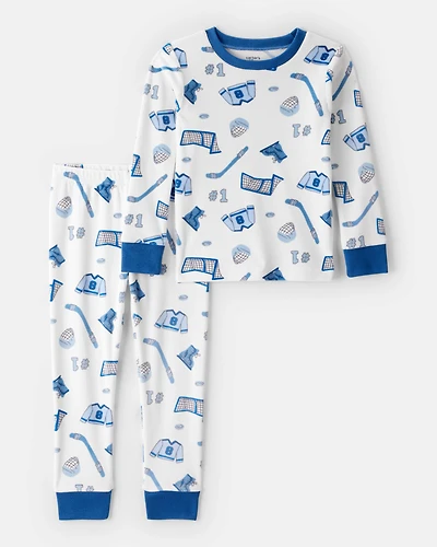 Toddler Boy Hockey Print Fleece Long-Sleeve 2-Piece Pyjamas – Blue