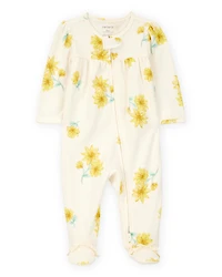 Baby Girl Floral Print 2-Way Zip Cotton Sleeper Pyjamas - Cream