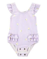Baby Girl 1-Piece Striped Lemon Ruffle Swimsuit - Purple