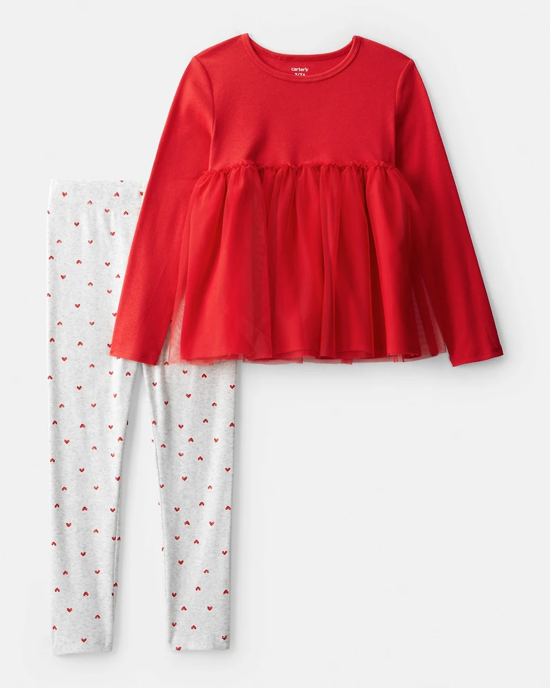 Girls Valentine's Day Tulle Top & Heart Pant Set - Red/Grey