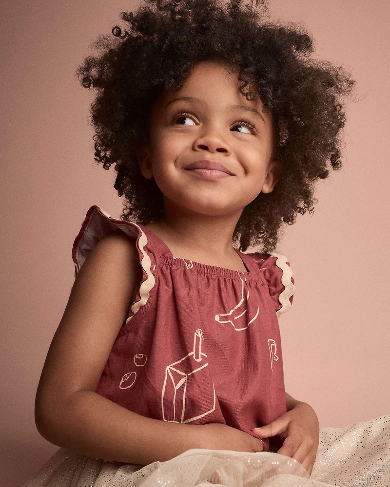 Toddler Girl Ruffle Peplum Top Snack Print - Red