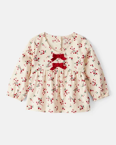 Baby Girl Floral Print 100% Cotton Long-Sleeve Top - Ivory