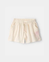 Girls Palm Tree Embroidered Gauze Shorts - Cream