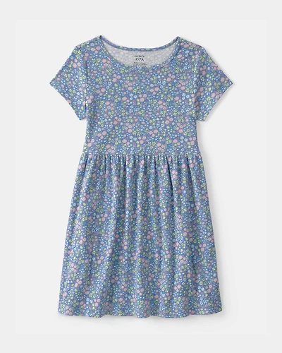 Girls Floral Rib Short-Sleeve Dress - Blue