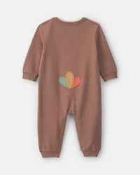 Baby Turkey Thanksgiving French Terry Long-Sleeve Jumpsuit - Brown