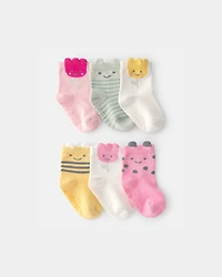 Baby Girl 6-Pack Floral Critter Socks - Pink/Yellow