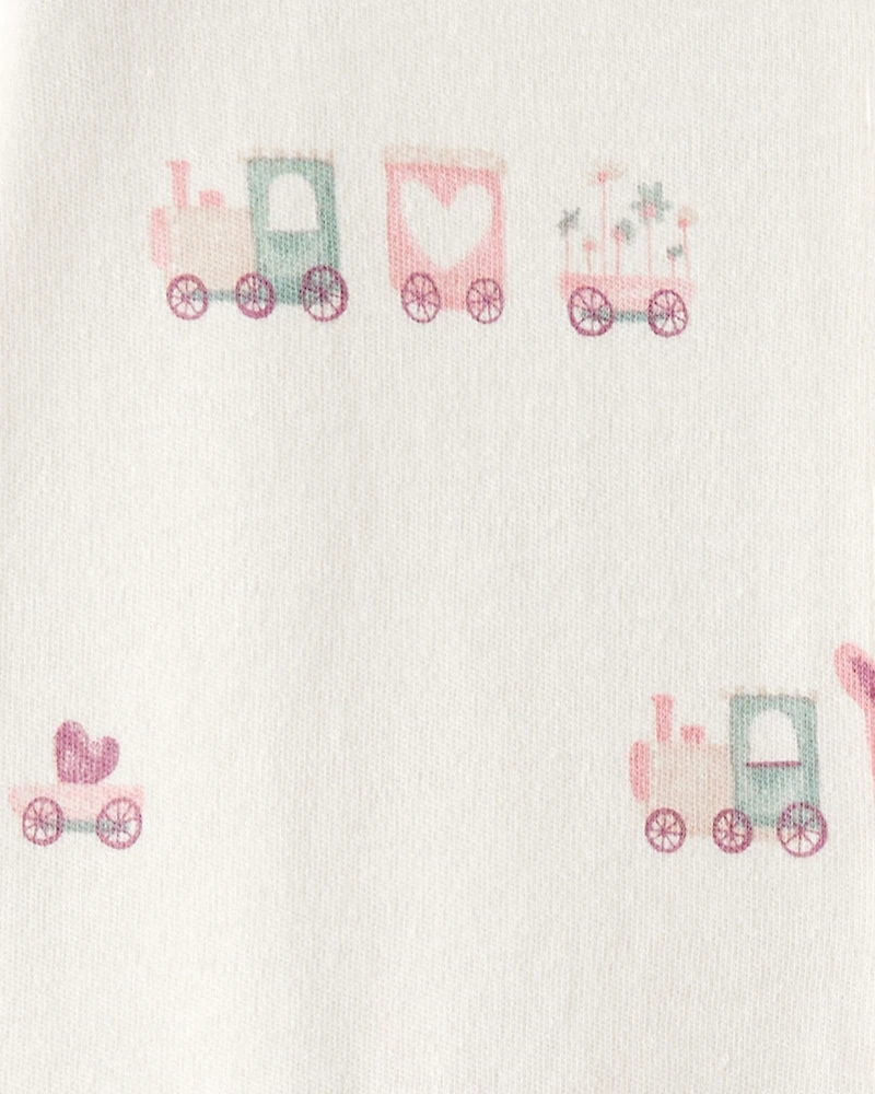 Baby Girl Train Print 100% Cotton Long-Sleeve Snug Fit Sleeper- White