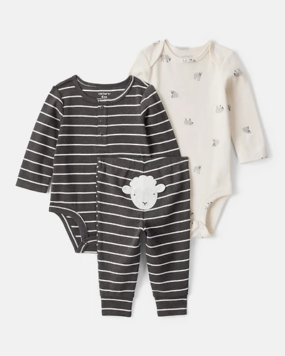 Baby Boy 3-Piece Striped Sheep Print Long-Sleeve Bodysuits & Pant Set - White/Black