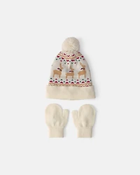 Toddler 2-Piece Fair Isle Christmas Beanie & Glove Set - Cream