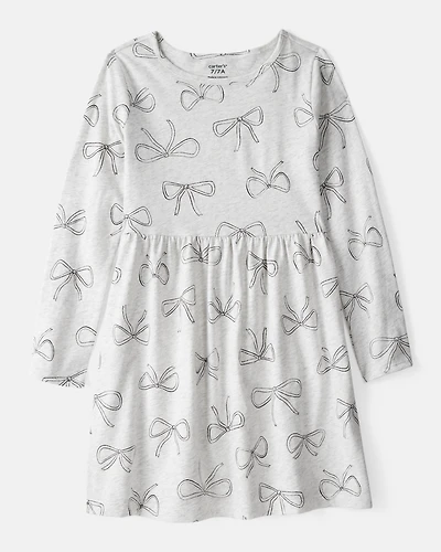 Girls Bow Print Long Sleeve Cotton Dress - Grey