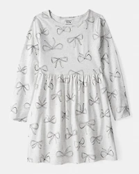 Girls Bow Print Long Sleeve Cotton Dress - Grey