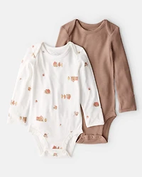 Baby Barn Print PurelySoft Long-Sleeve Multipack Bodysuits - Brown/White