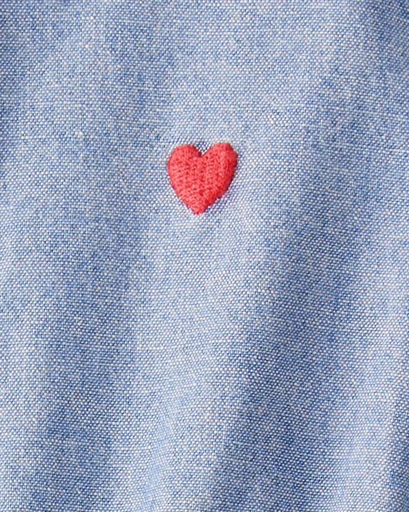 Baby Girl Heart Chambray Long-Sleeve Denim Jumpsuit - Blue