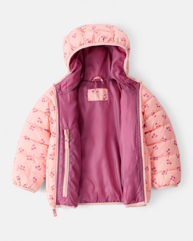 Toddler Cherry Print Hooded Puffer Jacket - Pink