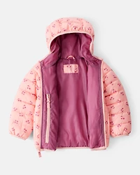 Toddler Cherry Print Hooded Puffer Jacket - Pink